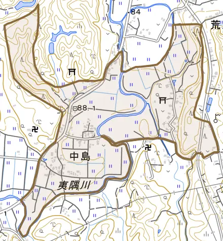中島とその周辺の地図。町の範囲を重ねている