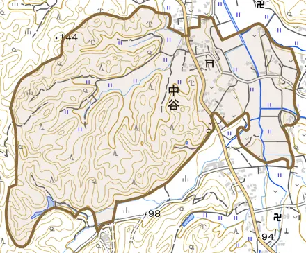 中谷とその周辺の地図。町の範囲を重ねている