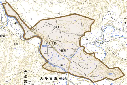 佐野とその周辺の地図。町の範囲を重ねている