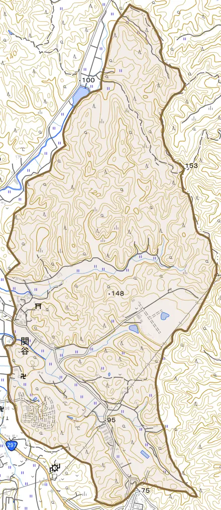 関谷とその周辺の地図。町の範囲を重ねている