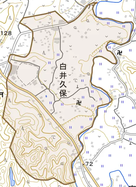 白井久保とその周辺の地図。町の範囲を重ねている