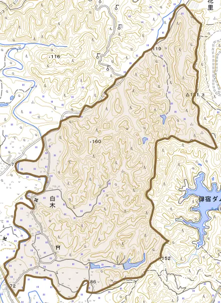 白木とその周辺の地図。町の範囲を重ねている