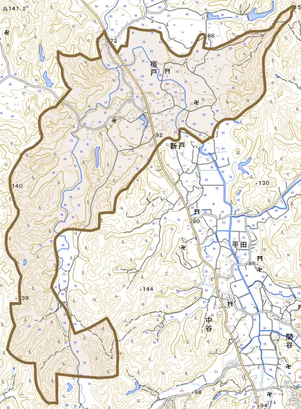 宿戸とその周辺の地図。町の範囲を重ねている