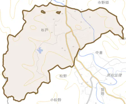 杉戸とその周辺の地図。町の範囲を重ねている