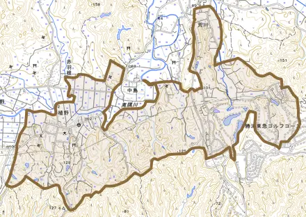 植野とその周辺の地図。町の範囲を重ねている
