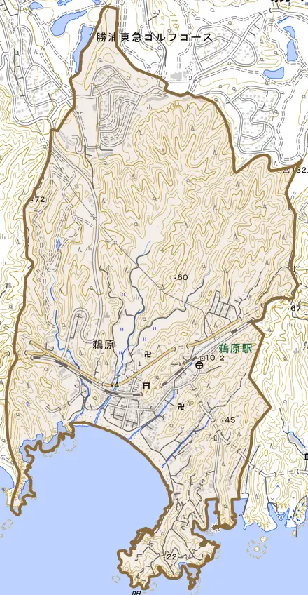 鵜原とその周辺の地図。町の範囲を重ねている