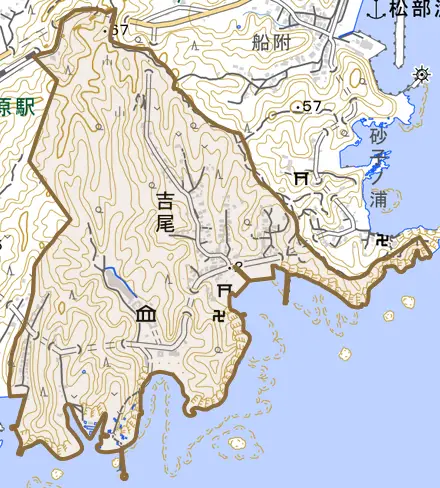 吉尾とその周辺の地図。町の範囲を重ねている