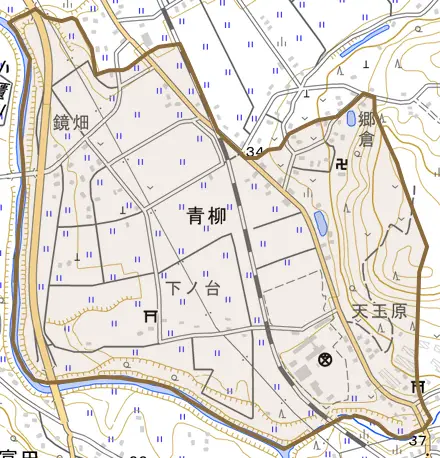 青柳とその周辺の地図。町の範囲を重ねている