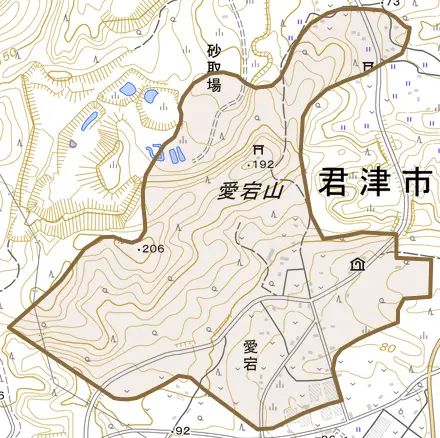愛宕とその周辺の地図。町の範囲を重ねている