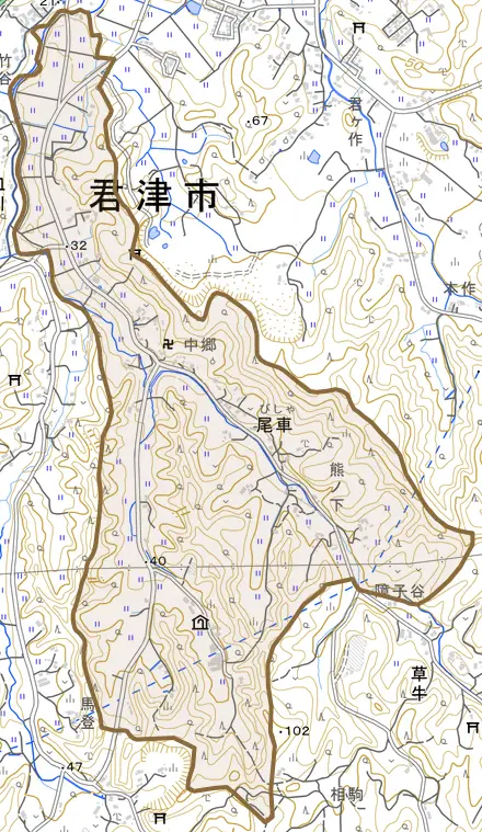尾車とその周辺の地図。町の範囲を重ねている