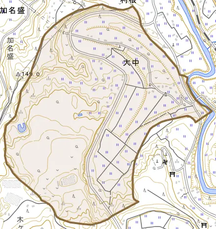 大中とその周辺の地図。町の範囲を重ねている