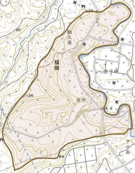 福岡とその周辺の地図。町の範囲を重ねている