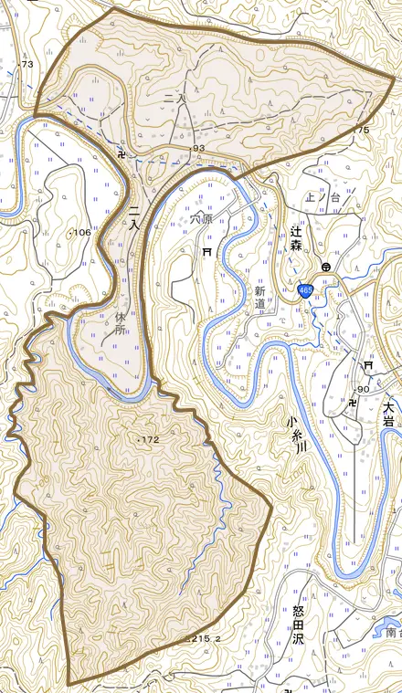 二入とその周辺の地図。町の範囲を重ねている