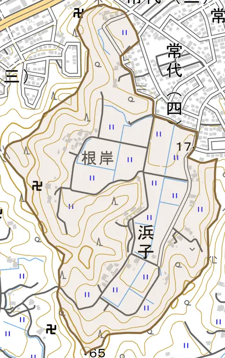 浜子とその周辺の地図。町の範囲を重ねている