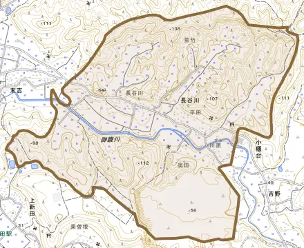 長谷川とその周辺の地図。町の範囲を重ねている