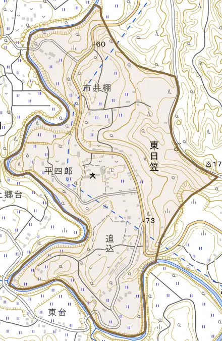 東日笠とその周辺の地図。町の範囲を重ねている