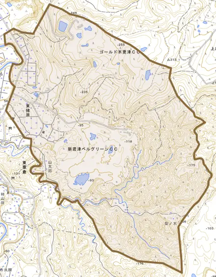 東猪原とその周辺の地図。町の範囲を重ねている