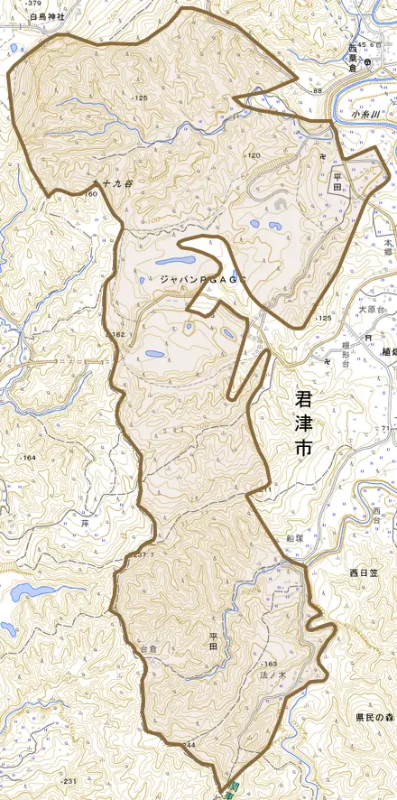平田とその周辺の地図。町の範囲を重ねている