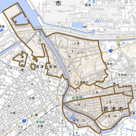 人見とその周辺の地図。町の範囲を重ねている