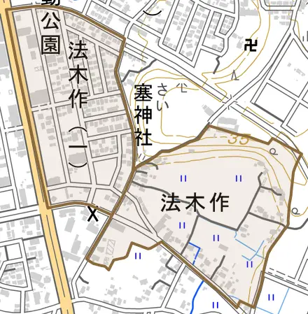 法木作とその周辺の地図。町の範囲を重ねている