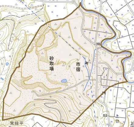 市宿とその周辺の地図。町の範囲を重ねている
