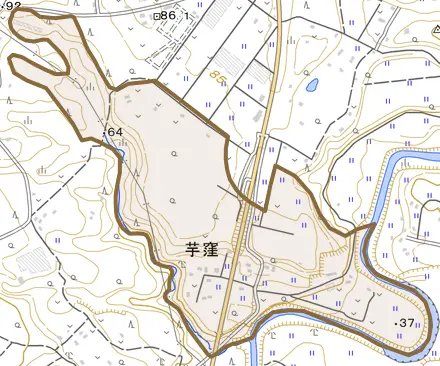 芋窪とその周辺の地図。町の範囲を重ねている