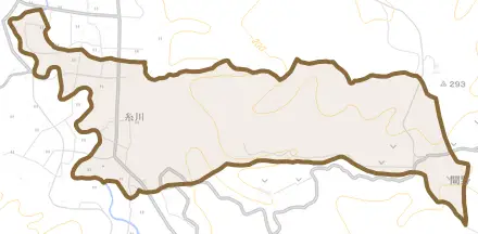 糸川とその周辺の地図。町の範囲を重ねている
