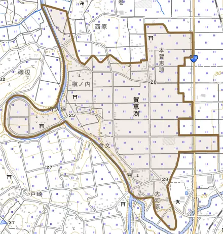 賀恵渕とその周辺の地図。町の範囲を重ねている