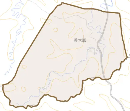 香木原とその周辺の地図。町の範囲を重ねている