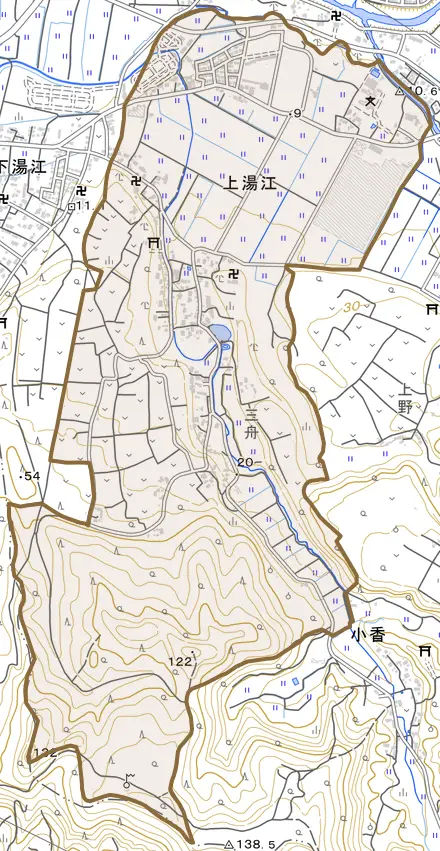上湯江とその周辺の地図。町の範囲を重ねている
