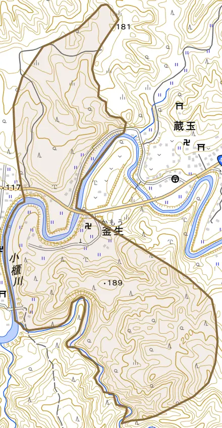 釜生とその周辺の地図。町の範囲を重ねている