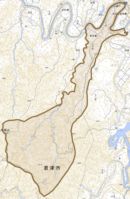 加名盛とその周辺の地図。町の範囲を重ねている