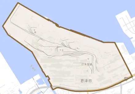 君津とその周辺の地図。町の範囲を重ねている