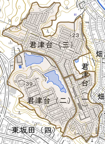 君津台とその周辺の地図。町の範囲を重ねている