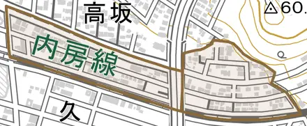 北久保とその周辺の地図。町の範囲を重ねている
