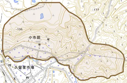 小市部とその周辺の地図。町の範囲を重ねている