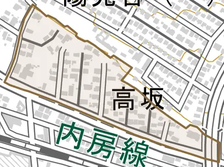 高坂とその周辺の地図。町の範囲を重ねている