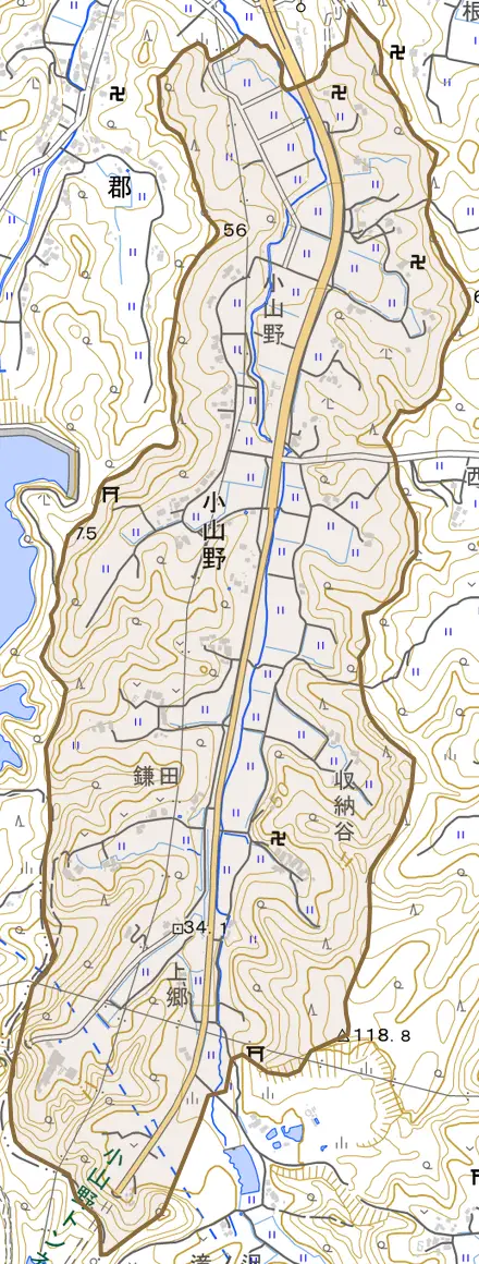 小山野とその周辺の地図。町の範囲を重ねている