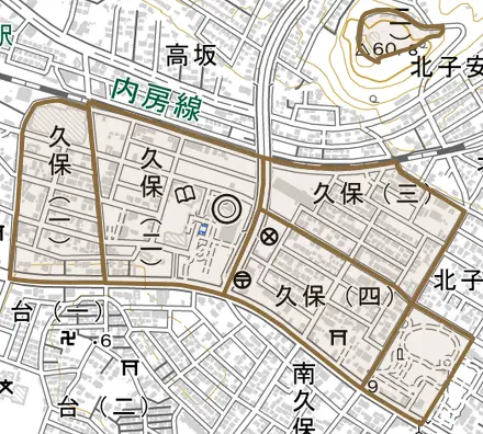 久保とその周辺の地図。町の範囲を重ねている
