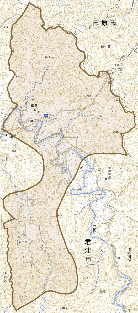蔵玉とその周辺の地図。町の範囲を重ねている