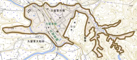 久留里市場とその周辺の地図。町の範囲を重ねている