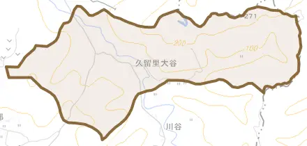 久留里大谷とその周辺の地図。町の範囲を重ねている