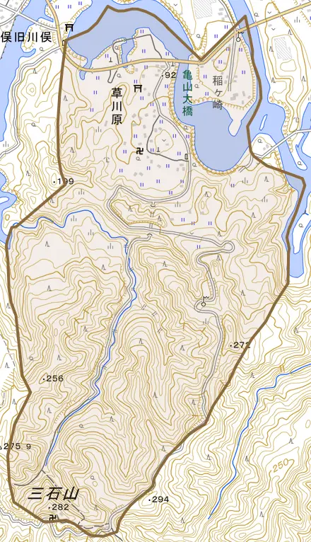草川原とその周辺の地図。町の範囲を重ねている