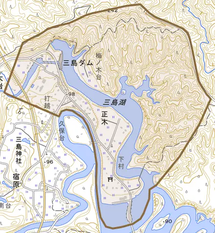正木とその周辺の地図。町の範囲を重ねている