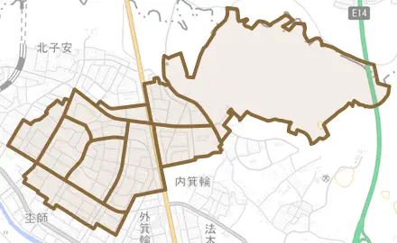 南子安とその周辺の地図。町の範囲を重ねている