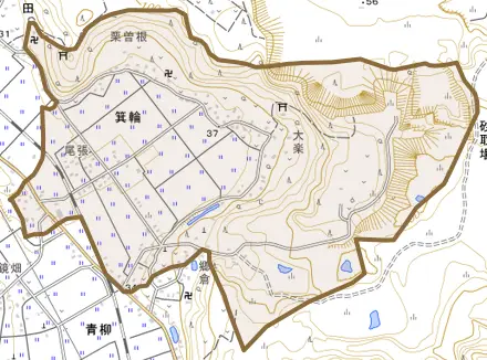 箕輪とその周辺の地図。町の範囲を重ねている