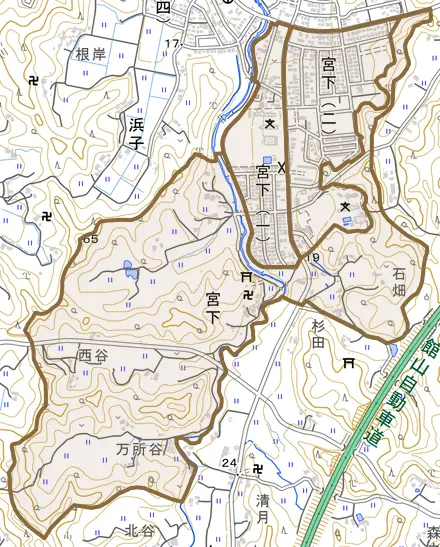 宮下とその周辺の地図。町の範囲を重ねている