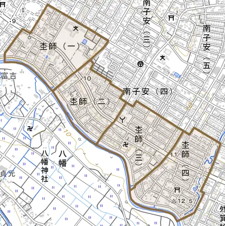 杢師とその周辺の地図。町の範囲を重ねている