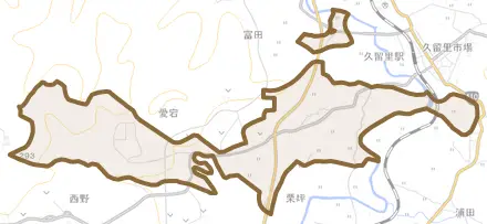 向郷とその周辺の地図。町の範囲を重ねている