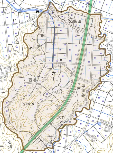 六手とその周辺の地図。町の範囲を重ねている